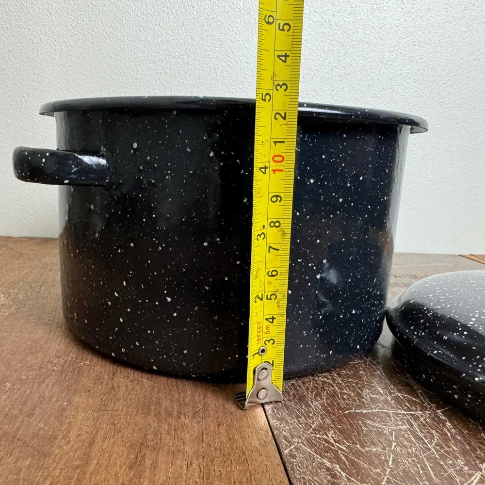 Vintage Black White Speckled Enamel Granite Ware Stock‎ Pot with lid